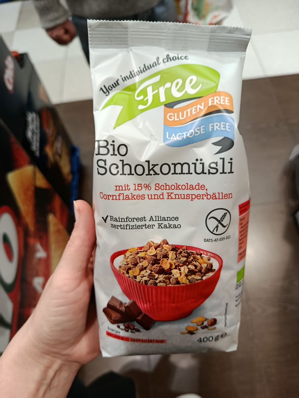 Free bezlepkové, bezlaktózové bio čokoládové müsli, 400g